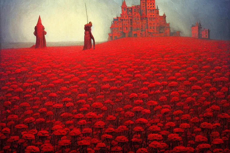 Image similar to only with red, red flowers of different types, a red tiger, a castle in the background, medieval demons dance over the flowers, an ancient path, in the style of beksinski, part by hopper, part by rodcenko, part by hofbauer, intricate composition, red by caravaggio, insanely quality, highly detailed, masterpiece, red light, artstation