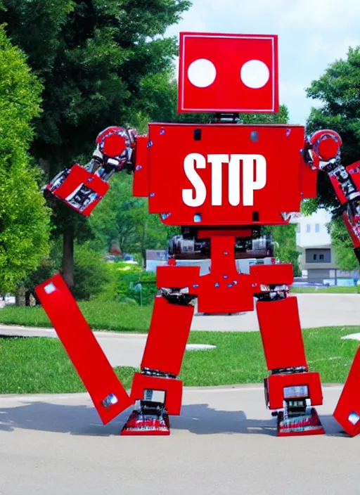 Prompt: a giant robot made out of stop signs
