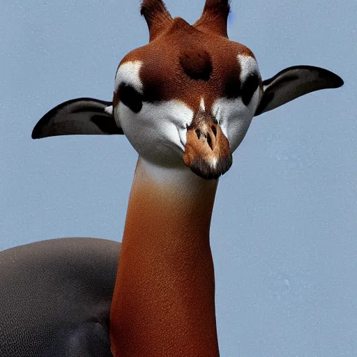 Image similar to a real photograph of a new animal species, a mix hybdrid between a penguin body, a giraffe neck, hyperdetailed mix, photomanipulation