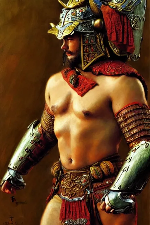 Image similar to beefy male wearing armor, tang dynasty, colorful, painting by gaston bussiere, craig mullins, j. c. leyendecker, tom of finland