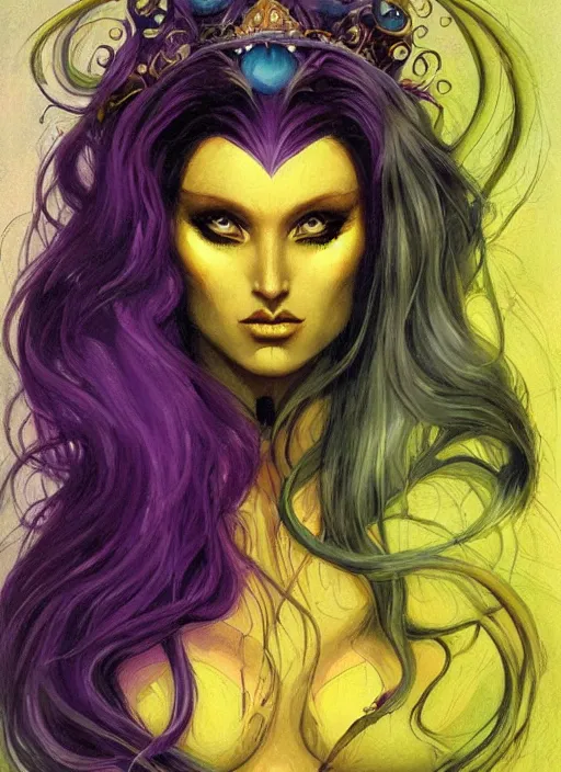 Image similar to portrait of princess of the dreamlands and moon beast, beautiful! coherent! by brom, deep colors, yellow purple green black, strong lines
