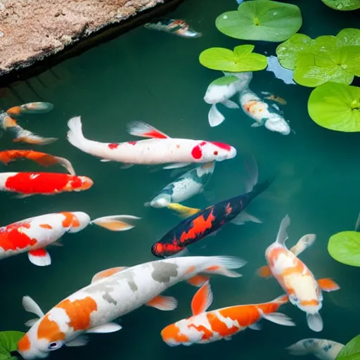 Image similar to view of a koi pond from underwater, sharp focus, sunlight, natural lighting, hd, 8k, enhanced