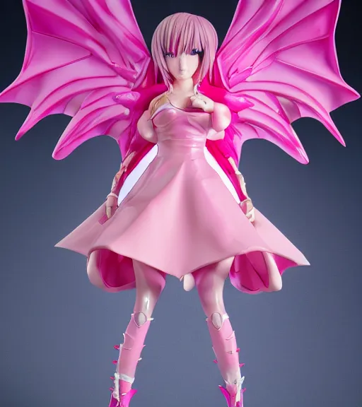 Prompt: accurate detailed pvc anime styled, dragon girl with pink scales, wearing a pink dress, giant wings, figurine!!!, studio lighting, grey background, no shadow, trending on artstation, 4 k, sharp, highly - detailed, focus on face!!!