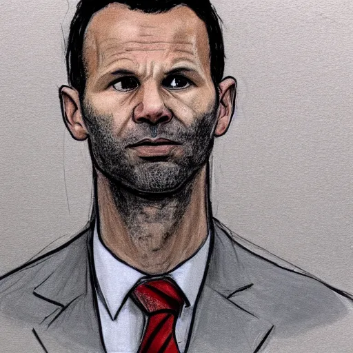 Prompt: Ryan Giggs sentenced for assaulting his wife, Courtroom sketch