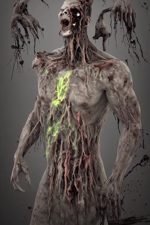 Image similar to god of decay and rot, character design, scary, radiating with power, glowing eyes, whirling death, disgusting, dripping, oily, decomposition, ghostly mist, scary, unreal engine, photorealistic