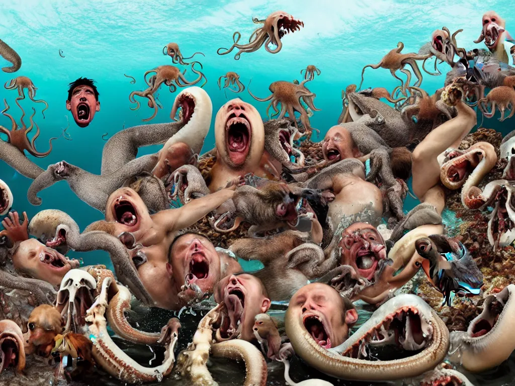 Prompt: a photograph of a screaming man in the ocean swarmed by squids, dogs, baboons, and squirrels, the man's mouth is stuffed with bones and the water foams all over the gaff