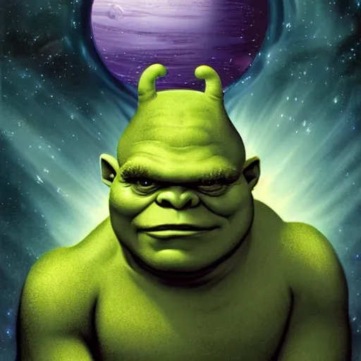 Prompt: the alien transcendent cosmic Shrek that awaits you at the end of all of space and time, by Gerald Brom