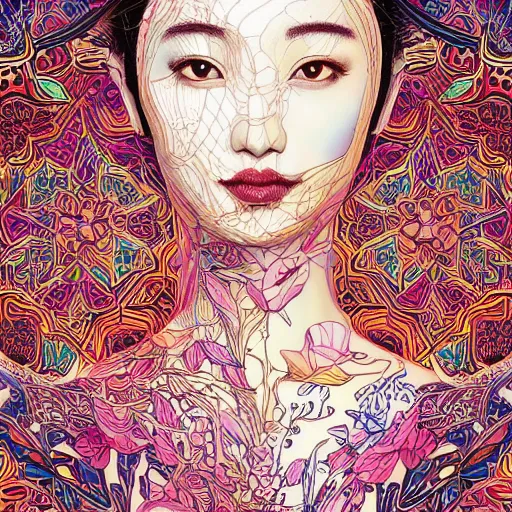 Image similar to the portrait of a beautiful and elegant young asian woman made up of peppers, an ultrafine detailed illustration by james jean, intricate linework, bright colors, final fantasy, behance contest winner, vanitas, angular, altermodern, unreal engine 5 highly rendered, global illumination, radiant light, detailed and intricate environment