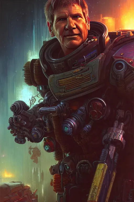 Prompt: character portrait closeup harrison ford cyberpunk starcraft terran warhammer 4 0 k space marine, character design, painting by gaston bussiere, dan mumford, moebius, katsuya terada, frank frazetta, tom of finland, trending on artstation