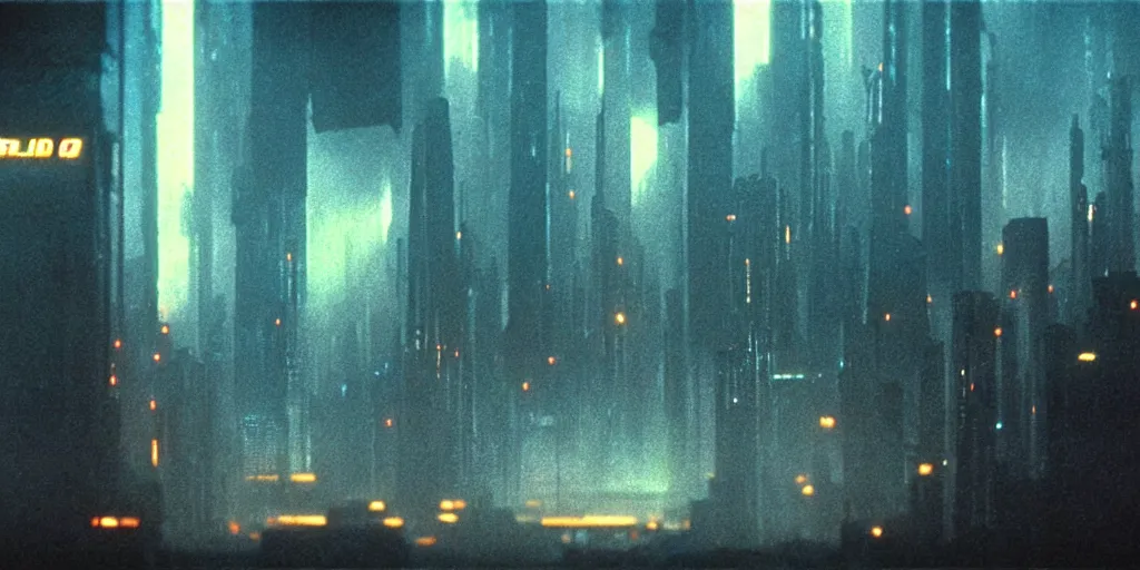 Prompt: 3 5 mm atmospheric dusk night - time photographic landscape of dystopian blade runner 1 9 8 2 city, matte painting, cinematic composition, futuristic dystopian megacity endless various mega - skyscrapers endlessly rising into the!!!!!!!! horizon!!!!!!!!, falling acid rain, neon, dramatic cinematography 3 5 mm