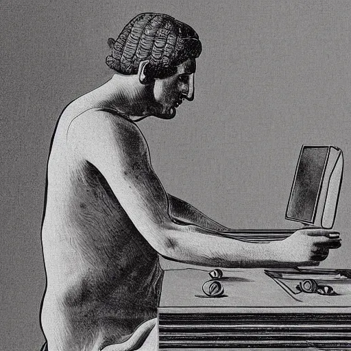 Image similar to photo of an anceint greek vase depicting a man playing games on his computer with his back hunched, 4 k, award winning photograph, museum photograph, highly detailed