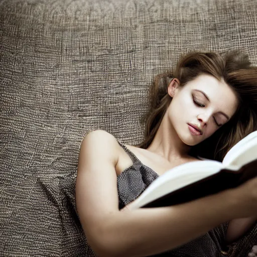 Image similar to 85mm beautiful girl reading a book, hair flowing down, by Emmanuel Lubezki