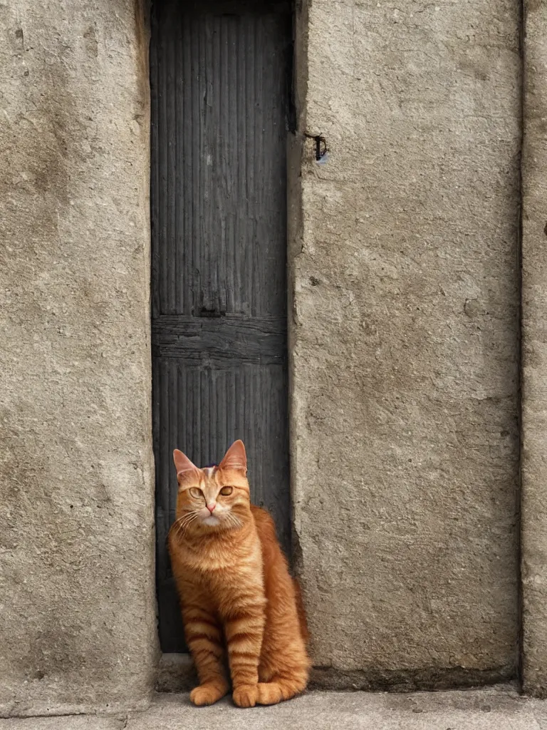 Prompt: a door into summer on the city street, a ginger cat sits near the door