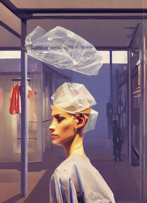 Image similar to beautiful cyberpunk woman in a translucent bomber jacket made from plastic bag with paper bags for clothes standing inside paper bags with paper bag over the head at store display Edward Hopper and James Gilleard, Zdzislaw Beksinski, highly detailed