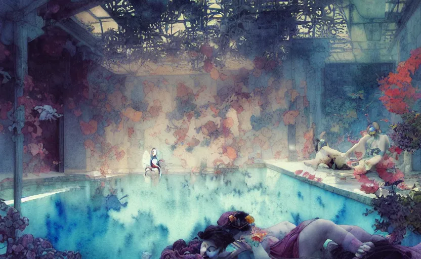 Prompt: swimming pool, fantasy. intricate, amazing composition, colorful watercolor, by ruan jia, by maxfield parrish, by marc simonetti, by hikari shimoda, by robert hubert, by zhang kechun, illustration, gloomy