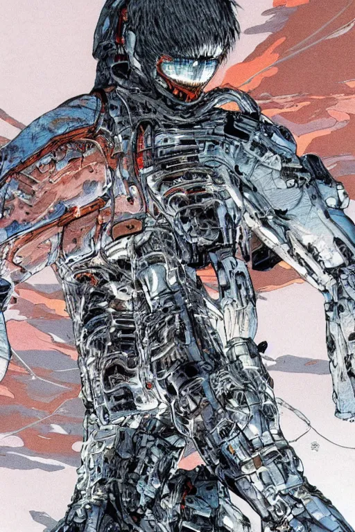 Image similar to powerful soldier wearing a crynet nanosuit, at dusk, a color illustration by tsutomu nihei, tetsuo hara and katsuhiro otomo