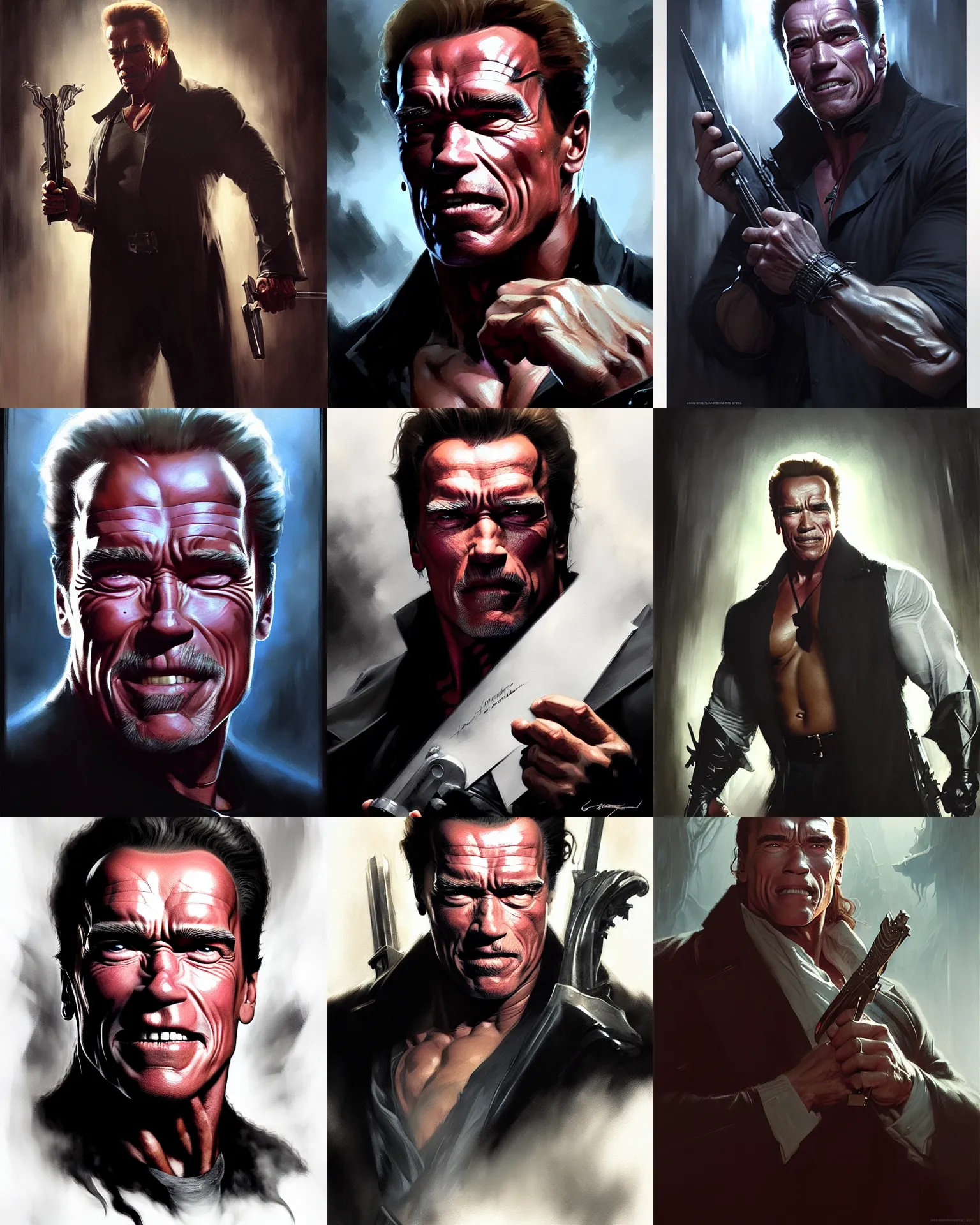 Prompt: arnold schwarzenegger vampire hunter, fine details, realistic shaded lighting poster by greg rutkowski, magali villeneuve, artgerm, jeremy lipkin and michael garmash and rob rey