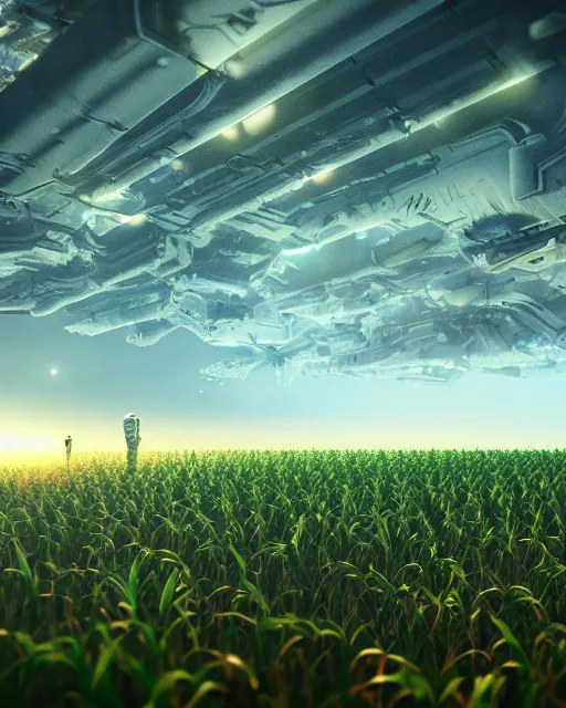 Prompt: cornfield growing on space station, hyper realism, cinematic, volumetric lighting, epic composition, high detail, octane render, unreal engine, 8 k, concept art, 3 d render, digital art, deviantart artstation, ray tracing, apocalyptic, intricate complexity, extremely detailed, very sharp,