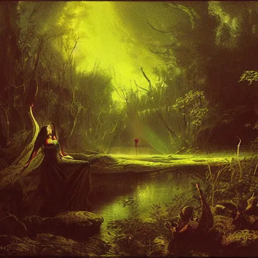 Prompt: rusalka sits by a pond in an apocalyptic dark forest at night, by john martin