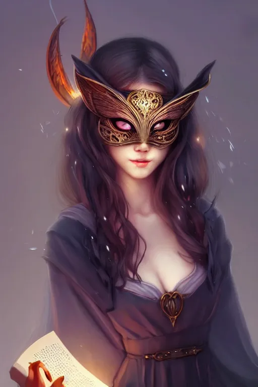 Image similar to gorgeous!!! hyper - realstic sorceress with a kitsune mask, holding a tattered magical book, casting a spell | drawn by wlop, drawn by jeehyung lee, drawn by artgerm | intricate, highly detailed, digital painting, character design, concept art, illustration, artstation