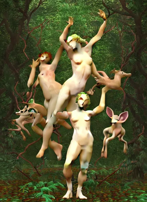 Image similar to pagan nymps dancing with fawns in a deep thorns bones bloody 3d vaporwave cyber forest in 5th dimensional space, by william-adolphe bouguereau and Austin Osman Spare and Takato Yamamoto, high resolution, rendered in octane 3d