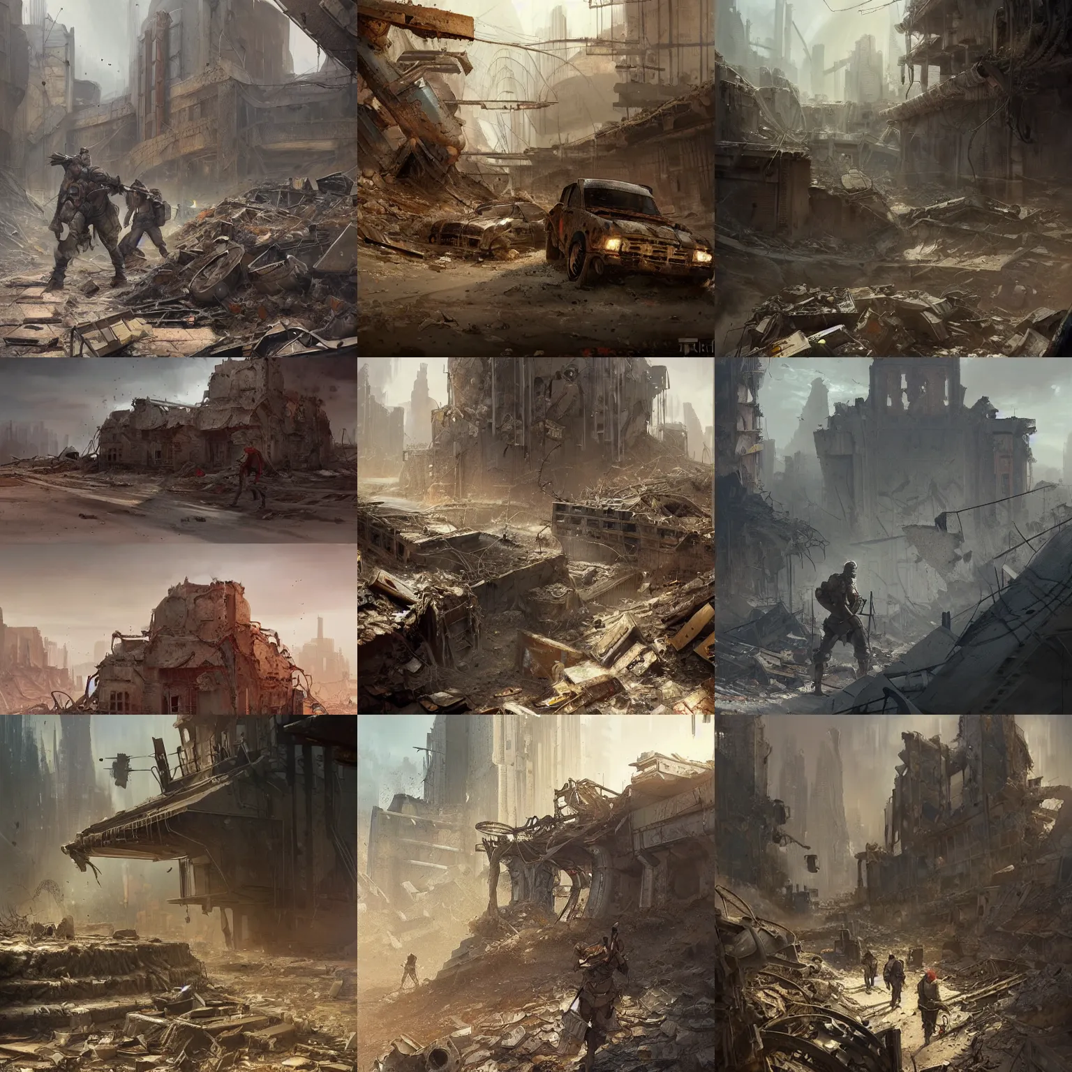 Prompt: in a post - apocalyptic future, salvagers of old artifacts and metals search through piles of rubble and long - abandoned ruins. artistic painterly by greg rutkowski and trending on artstation, favorites on deviantart