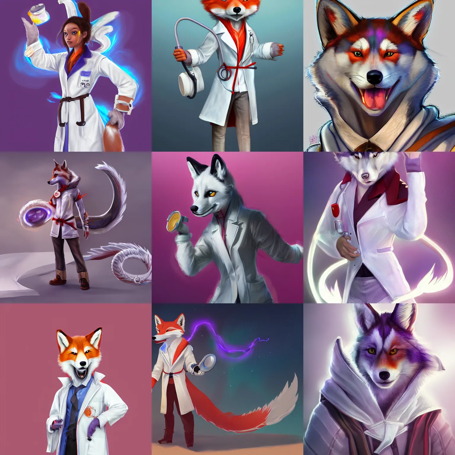 Prompt: husky - fox - dragon - human - fusion, wearing a white doctor coat and stethoscope, digital art, concept art, trending on artstation, bright colors, highly detailed, 8 k hd