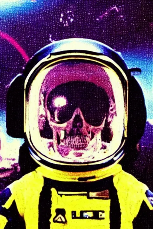 Image similar to astronaut with neon glowing skull 1 9 6 0 s color _ bleed _ video compression video glitch vhs footage akira kurosawa mamoru oshii wes anderson