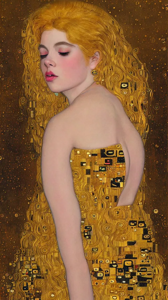 Prompt: a soft and breathtaking detailed painting of a full body sleeping blonde princess in the style of gustav klimt, blonde hair, shiny gold, elegant, highly detailed, artstation, fluo colors, concept art, matte, sharp focus, art by gustav klimt