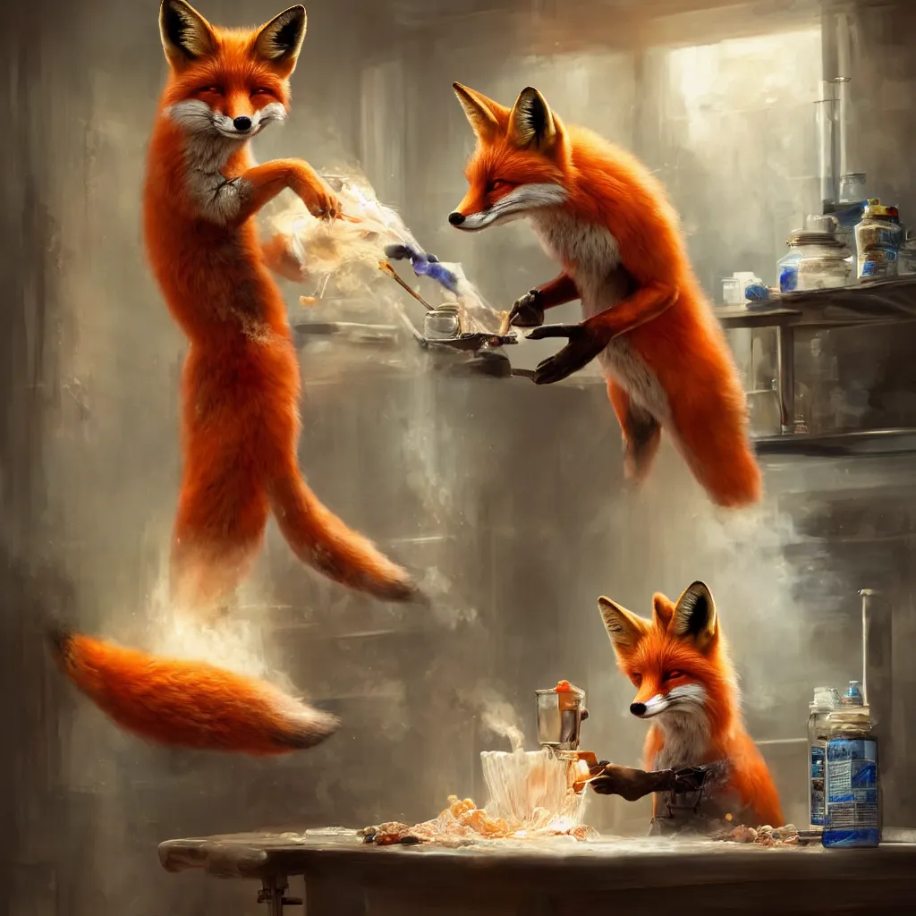 Image similar to a fox mixing chemicals in a kitchen, portrait, fantasy, beautiful face, vivid colors, elegant, concept art, sharp focus, digital art, hyper - realistic, 4 k, unreal engine, highly detailed, hd, dramatic lighting by brom, trending on artstation