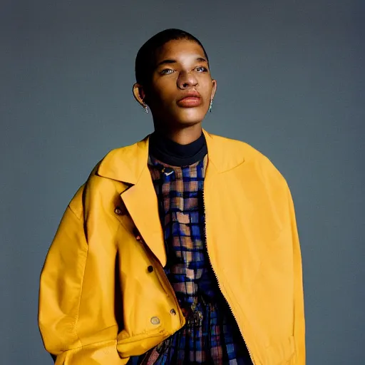 Image similar to realistic photoshooting for a new balenciaga lookbook, color film photography, portrait of a beautiful woman, model is wearing a workwear jacket, photo in style of tyler mitchell, 3 5 mm,