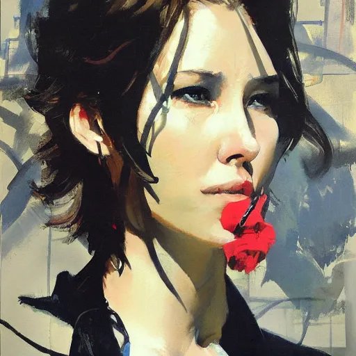 Image similar to a highly detailed beautiful portrait of a petty young woman smoking in a suit by yoji shinkawa, by gregory manchess, james gurney, james jean