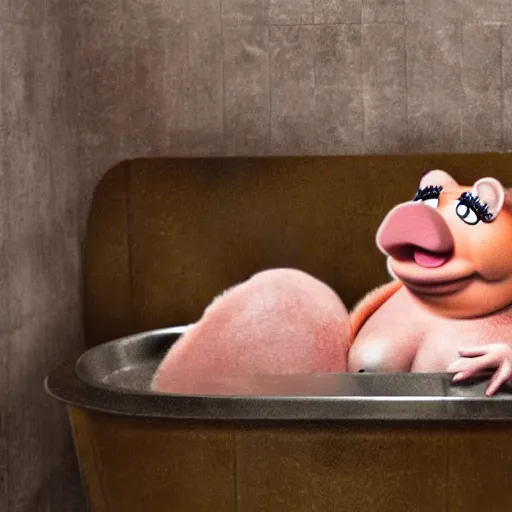 Image similar to miss piggy drunk on wine in the bathtub, hyper realistic, 8k resolution, very detailed