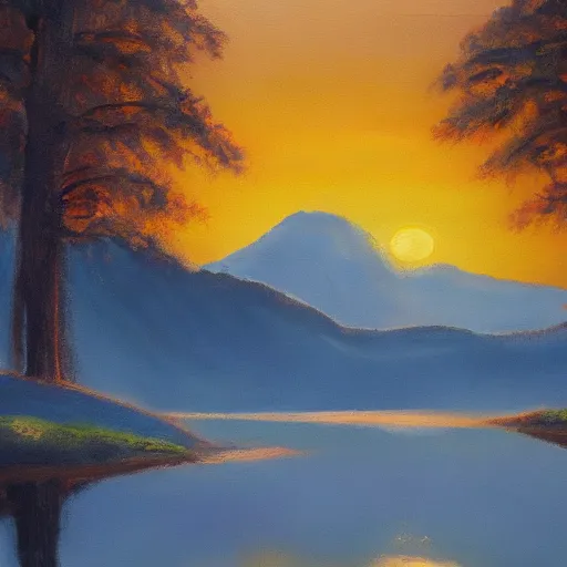 Prompt: beautiful mountain and trees, oil painting, concept art, sunrise,