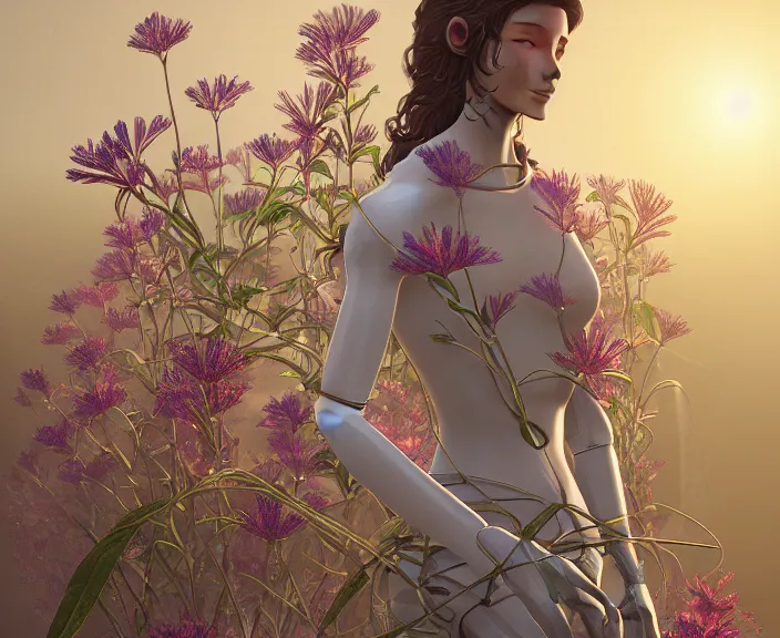 Image similar to simplicity, transparent clear see - through image of simple robot, botanical, floral environment, ultra realistic, concept art, product design, photorealistic, octane render, 8 k, unreal engine. art by gustave dore and nori inoguchi and sam kaplan and zachary goulko and christopher marley and artgerm and alphonse mucha