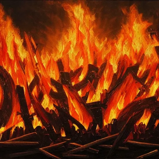 Prompt: hyper realistic oil painting of 10 thousand swords in a huge fire with embers rising up and war in the background