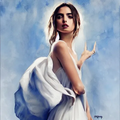 Image similar to portrait of beautiful happy young ana de armas wearing a beautiful silky white dress, painted by greg rutkowski, stanley artgerm, igor kieryluk, coherent, hyper realistic, blue eyes