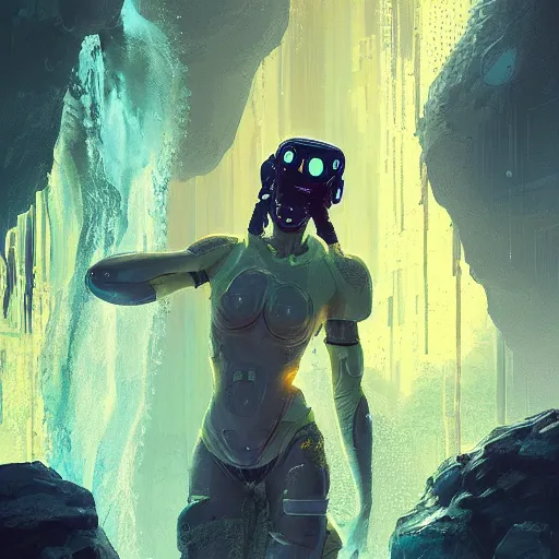 Image similar to a sage meditates under a waterfall pieces with glowing yelow visor as a realistic scifi cyberpunk, torso, art by james jean and greg rutkowski!!, real body proportions, digital art,, golden ratio, perfect composition, trending on artstation, 8 k