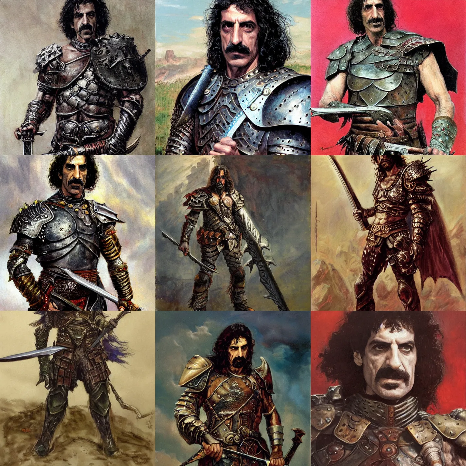 Prompt: portrait of frank zappa wearing armor and holding s sword by frank fazetta, fantasy, barbarian