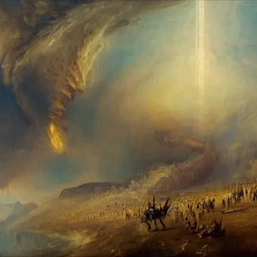 Prompt: highly detailed painting of alien androids attacking washington dc and american army, by william turner, by greg rutkowski, by william constable, thick brush strokes and visible paint layers, 4 k resolution