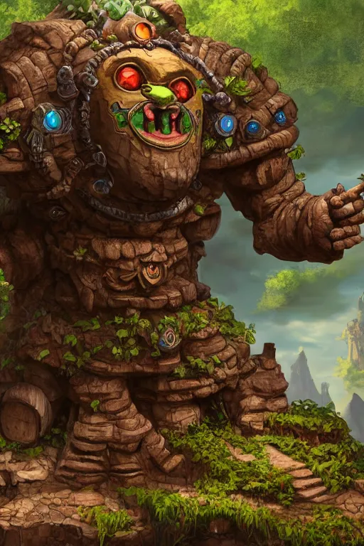 Image similar to zelda fantasy art giant golem troll wood rock greeble gemstone, global illumination ray tracing hdr fanart arstation by sung choi and eric pfeiffer and gabriel garza and casper konefal