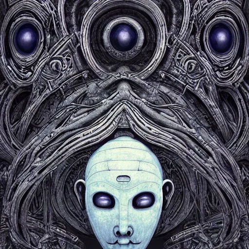 Image similar to naraka buddhist alien demon korean, no face, tubular creature, blood vessels, blue eyes, black energy, dystopian surrealism, zdzisław beksinski, symmetry accurate features, very intricate details, high resolution, symmetrical long head, smooth marble surfaces, detailed ink illustration, robot, metal gear, cinematic smooth stone, deep aesthetic, concept art