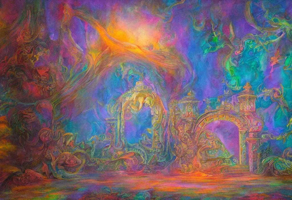 Image similar to iridescent temple of sleep deva architecture dreamer mythos phantasms, award winning oil painting, polychromatic spectrum