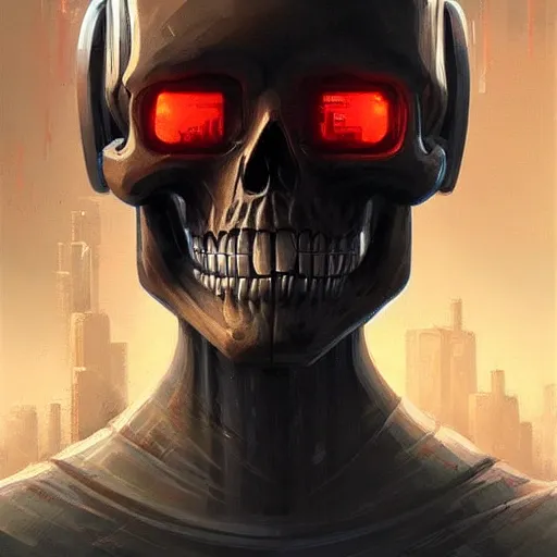 Image similar to skull - headed robot cyborg painting, illutstration, concept art, cyberpunk, futurism, comics art, artgerm