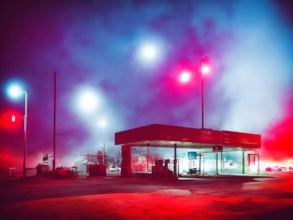 Image similar to “photography of gas station , fog, blue and red lights, night, mood, atmospheric, full of colour, digital photography”