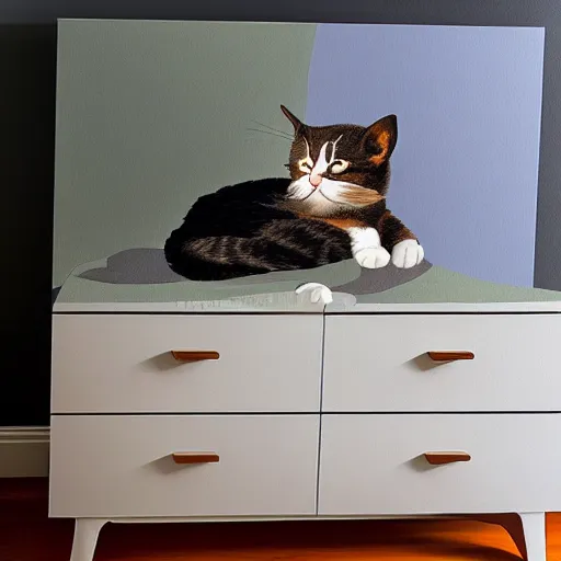 Prompt: A painting of a cat sleeping on a midcentury modern dresser.