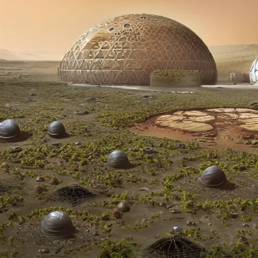 Image similar to A photorealistic image of the colonization of Mars, circa 2050, featuring large bio-domes filled with vegetation while the surface of Mars has many futuristic-looking buildings dotting the landscape, several people in space suits are outside