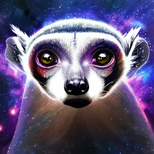 Prompt: geometric symmetrical lemur with galaxy eyes in space, nebula in the background, intricate, elegant, highly detailed, digital painting, artstation, concept art, smooth, sharp focus, illustration, art by artgerm