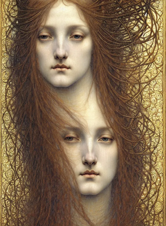 Image similar to detailed realistic beautiful young medieval queen face portrait by jean delville, gustave dore and marco mazzoni, art nouveau, symbolist, visionary, gothic, pre - raphaelite. horizontal symmetry