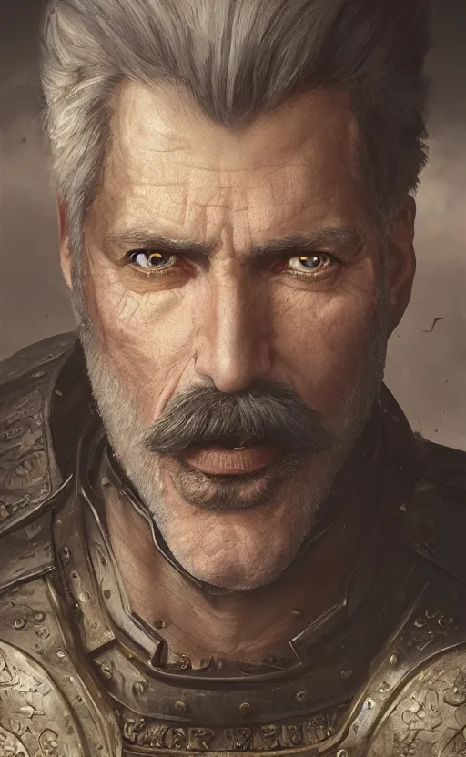 Image similar to Portrait of a Knight in his 50s, big moustache, male, detailed face, fantasy, highly detailed, cinematic lighting, digital art painting by greg rutkowski